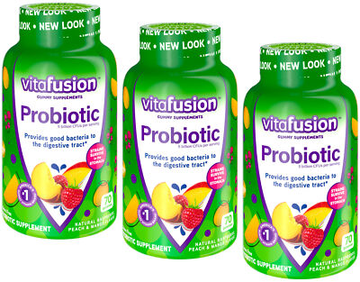 3 Pack Vitafusion Probiotic Gummy Supplement Raspberry Peach Mango 70 Gummies