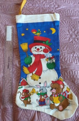 RETRO HANDMADE CHRISTMAS STOCKING SNOWMAN ANIMALS MERRY CHRISTMAS HOLIDAY VTG
