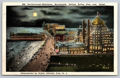 Atlantic City NJ Ambassador by Night Boardwalk Pier Hotel Antique Postcard