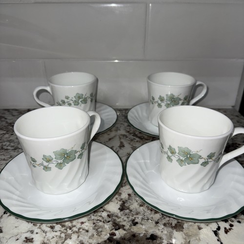 SET OF 4 Corelle CALLAWAY IVY Swirl Coffee Mug Tea Cups and Saucers VINTAGE