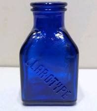 COBALT BLUE CLAR-O-TYPE SQUARE SCHOOLHOUSE INK SHAPE BOTTLE TYPE CLEANER