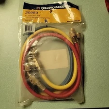 Yellow Jacket 29983 Manifold Hose Set, 36 In, Red, Yellow, Blue, Angle: 45