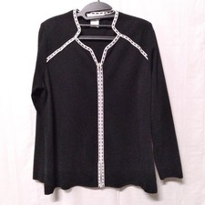 EXCLUSIVELY Misook Knit Zip-Up Cardigan Jacket Black White Trim Coatigan Sz S