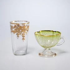 Two Gilded Enameled Clear Glass Pcs Art Nouveau Tumbler Moser or Moser Style Cup