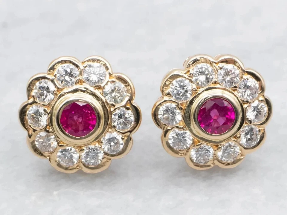 2ct Round Halo Lab Created Ruby Diamond Stud Earrings 14k Yellow Gold Plated - Image 3 of 3