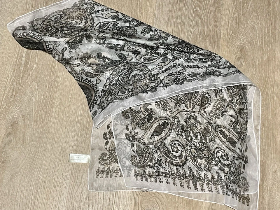 SIMPLY NOELLE Ultra SHEER Scarf Rectangle White Black Beige Paisley Wrap EUC - Image 3 of 4