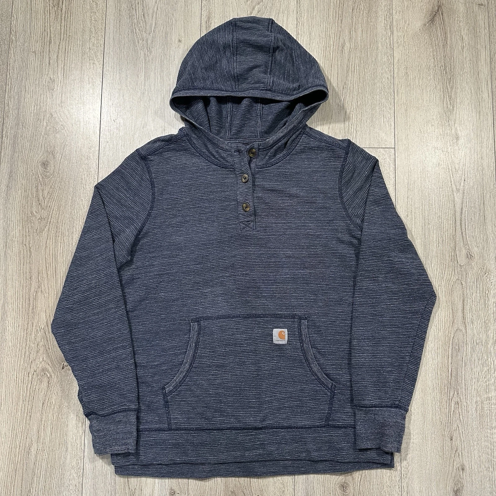 Carhartt Lightweight Blue Hoodie Size L Workwear Streetwear Embroidered Buttons