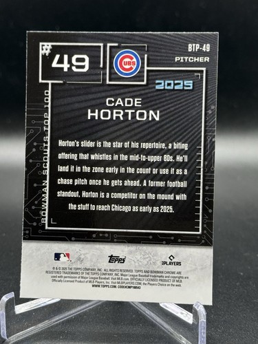 2025 Bowman - Bowman Scouts Top 100 Chrome Cade Horton #BTP-49 (RC) - Picture 2 of 2