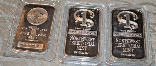 Silver, 1 OZ INGOTS LOT OF 3,  NORTHWEST TERRITORIAL MINT (2), (1) BUFFALO INGOT