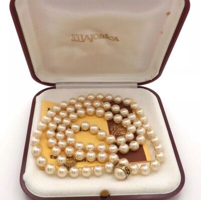 Majorica Pearl Necklace 8mm 30in Sterling Silver Gold Clasp