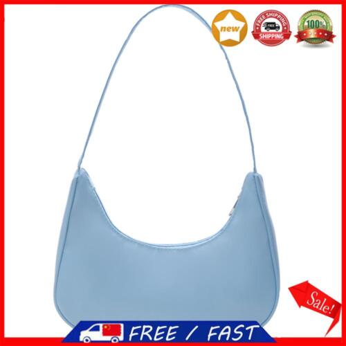 Women Solid Color Nylon Tote Bag Crescent Zipper Top-handle Bag (Blue) - Picture 1 of 9