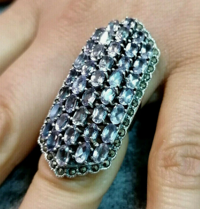 anello a fascia grande da donna argento 925 bianco ametista viola marchesite - Immagine 2 di 4