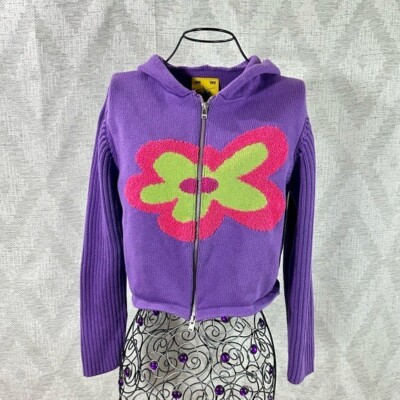 UNIF - UNIF (ユニフ) ニット Unif Dazee fuzzy flower purple knit hooded zip up sweater size XS