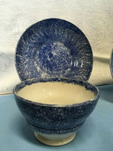 Antike Spritzgeschirr blau grifflose Tasse und Untertasse Teeschüssel 19. Jahrhundert (3847) - Bild 1 von 11