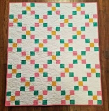 9-Patch Soft Flannel 42 x 48 Baby/Toddler size Finished Quilt-Pink Yellow Green