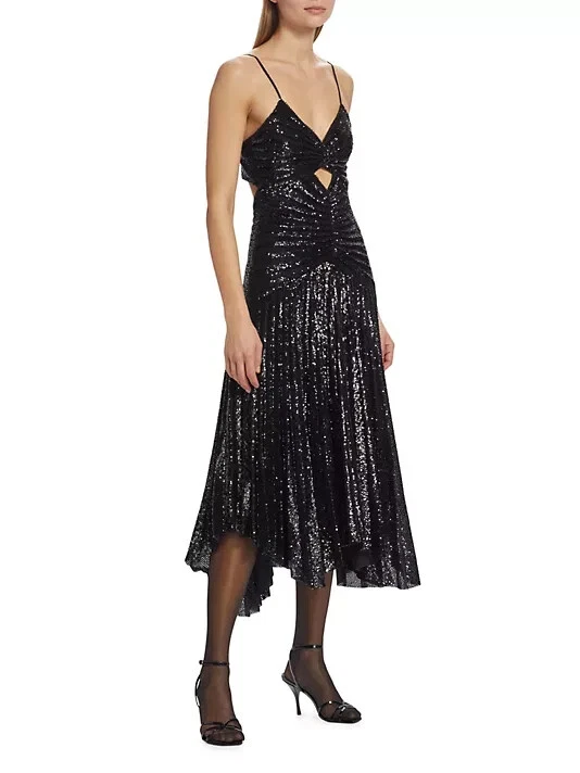 A.L.C. Black Lou Pleated Sparkly Sequin A-line Midi Dress In Black Size 2 $795 - Imagem 2 de 4
