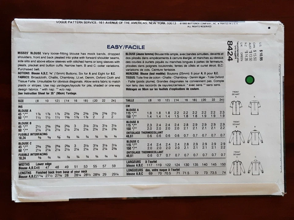 VOGUE PATTERN - 8424 LADIES BLOUSE SHIRT LOOSE FITTING DROPPED SHLDRS 8-10 USED - Image 2 of 2