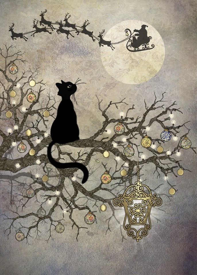 Bug Art Christmas card embossed foiled effect ~ Moon Cat ~ SINGLE CARD