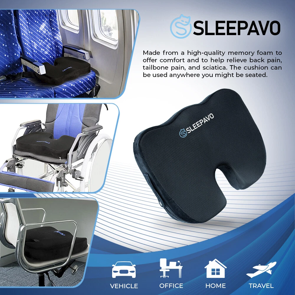 Sleepavo Soft Memory Foam Seat Cushion for Office Chair - Pillow for Sciatica, Coccyx, Back, Tailbone & Lower Back Pain Relief - Orthopedic Chair Pad