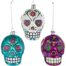 Kurt Adler Noble Gems Sugar Skull Glass Christmas Ornaments, Assorted, 3 Pack