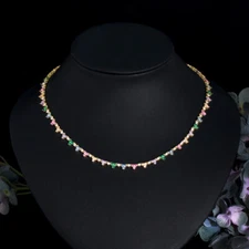 Multicolor Yellow Gold Plated CZ Pageant Costume Round Tennis Chorker Necklace
