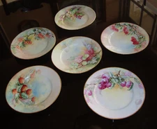 ANTIQUE LIMOGES AHRENFELDT  SET of 6 HAND PAINTED SIGNED PLATES, FRUIT & GOLD