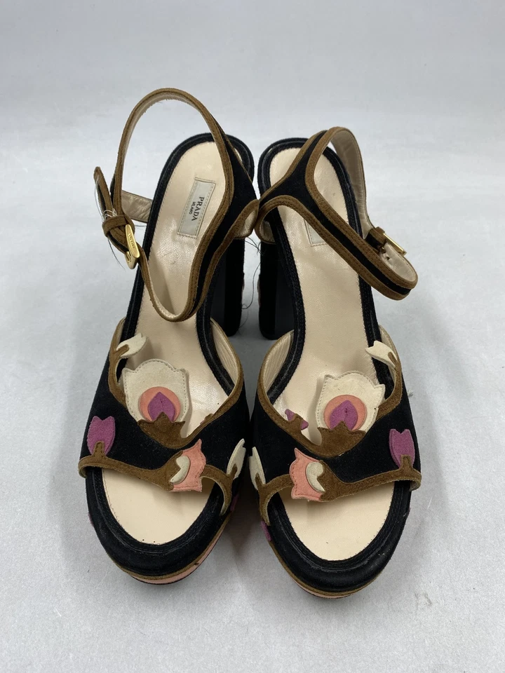 Prada Suede Floral Platform Buckle Heel W 7.5 - Image 2 of 4