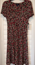 NWT CHAPS Brown Tan Pink White Floral Dots Knee Length Dress Size Medium