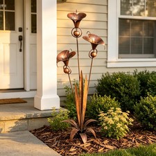 Flamed Copper Three Calla Lilies Garden Stake with Bells Metal Yard Decor