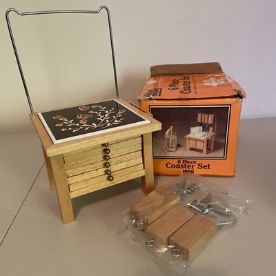Vintage Kitchen Master Coaster Set Cork Openers Wood