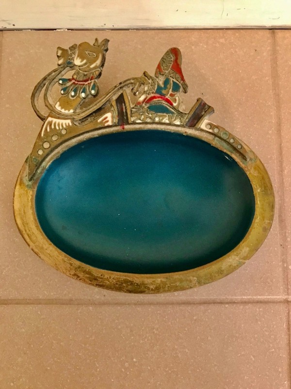 Vintage Teal Blue Enameled Brass Judaica Small Footed Oval Bowl from Israel