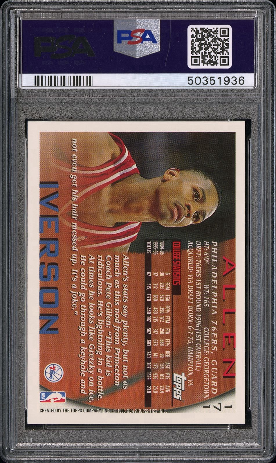 1996-97 Topps Allen Iverson #171 (RC) PSA 10 view 2