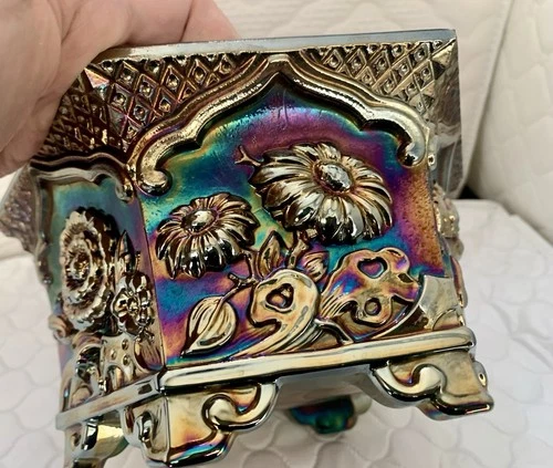 “Fenton”   Hexagon Carnival Glass Planter Multicolor Glossy Floral Design