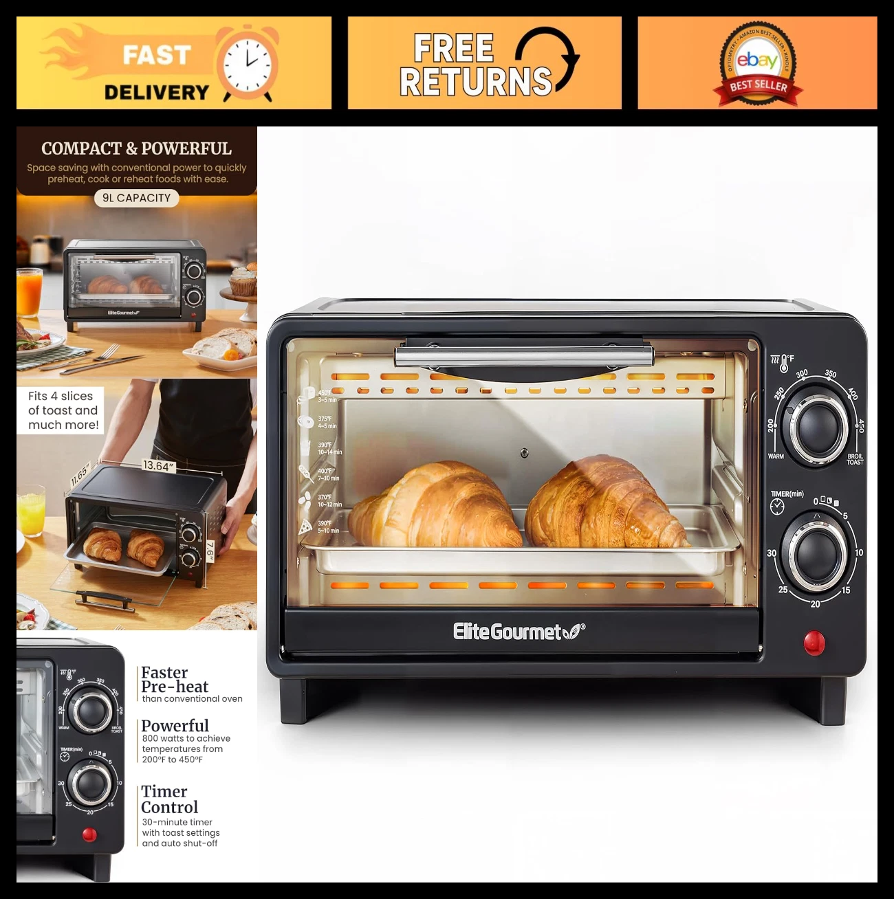 9L Countertop Toaster Oven - 4 Slice, Adjustable Temp, 30-Min Timer, Bake/Broil