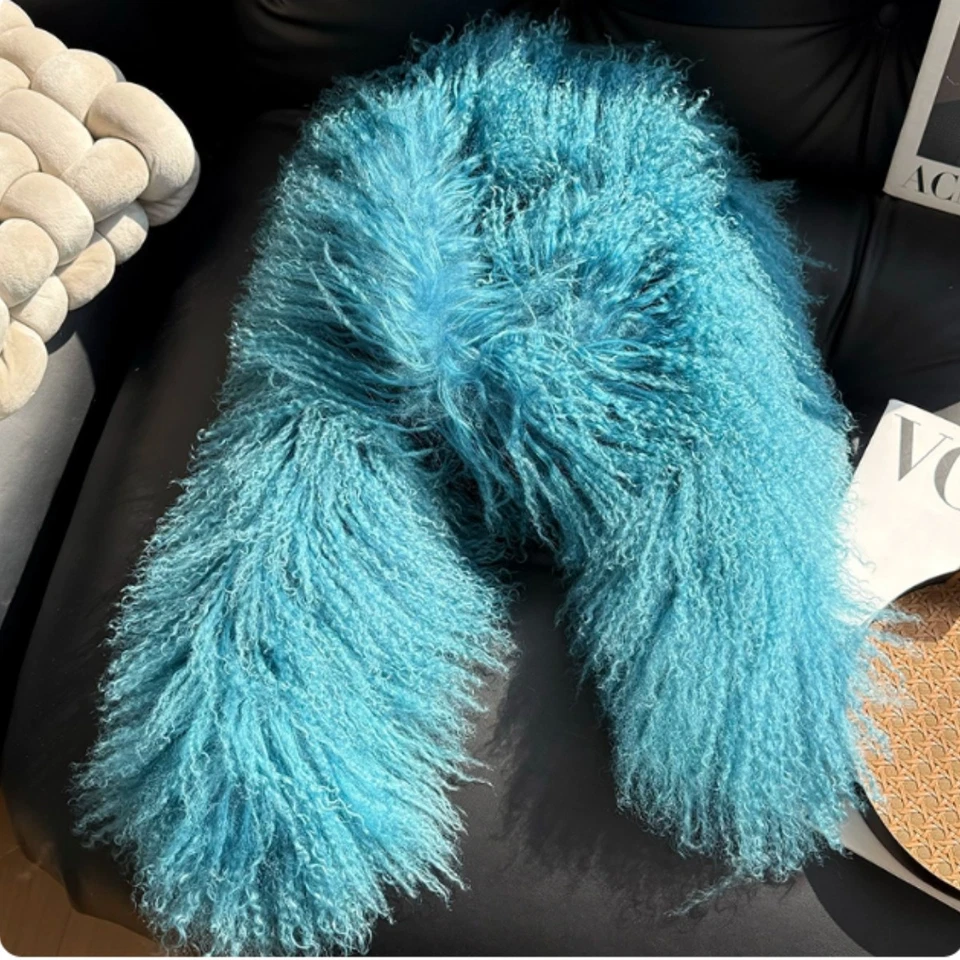 Real Mongolian Lamb Fur Scarf Shawl Wraps Long Double Sides Fur Pink Black Grey - Image 4 of 4