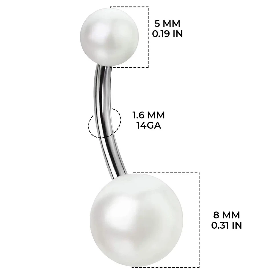 14G Faux Synthetic Pearl Belly Rings Surgical Steel Curved Barbell Acrylic Balls - Image 2 of 4