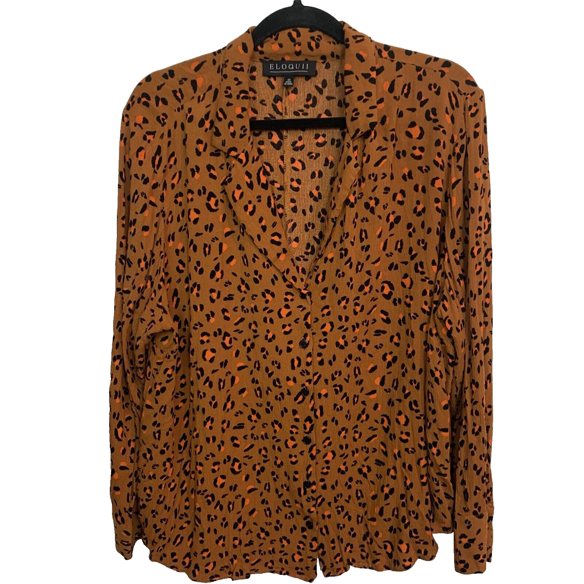 Eloquii Woman's Brown Animal Print Long Sleeve Collar Button Up
