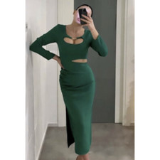 zara CUT OUT MIDI DRESS green large nwt 