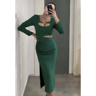 white christmas dresses Green Printed Asymmetric Cut Out Midi Dress – AX Paris