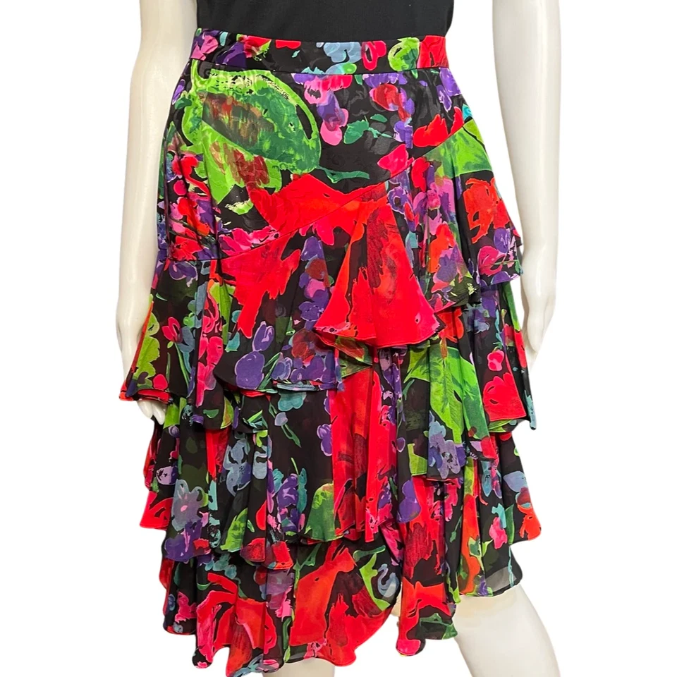 Vintage 1980s Lillie Rubin Floral Silk Ruffled Skirt Size 4 Small - Image 3 of 4