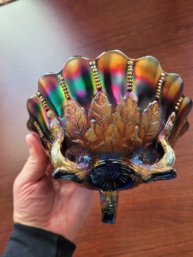 Scarce Pretty Blue Northwood Carnival Glass Leaf & Beads Pattern Nut Bowl