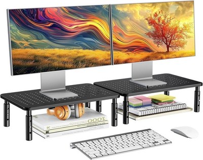 Black Height Adjustable Monitor Stand Riser For 2 Monitors Laptop 2 Pack