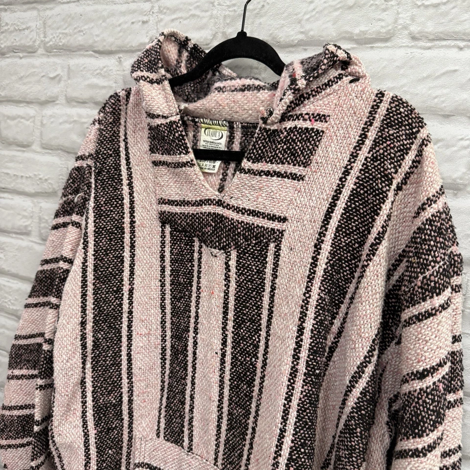 Poncho Mexicano Baja Sudadera con Capucha Surfista Patinador Droga Alfombra Pullover Rosa Negro Rayas 2X Foto 4 de 4
