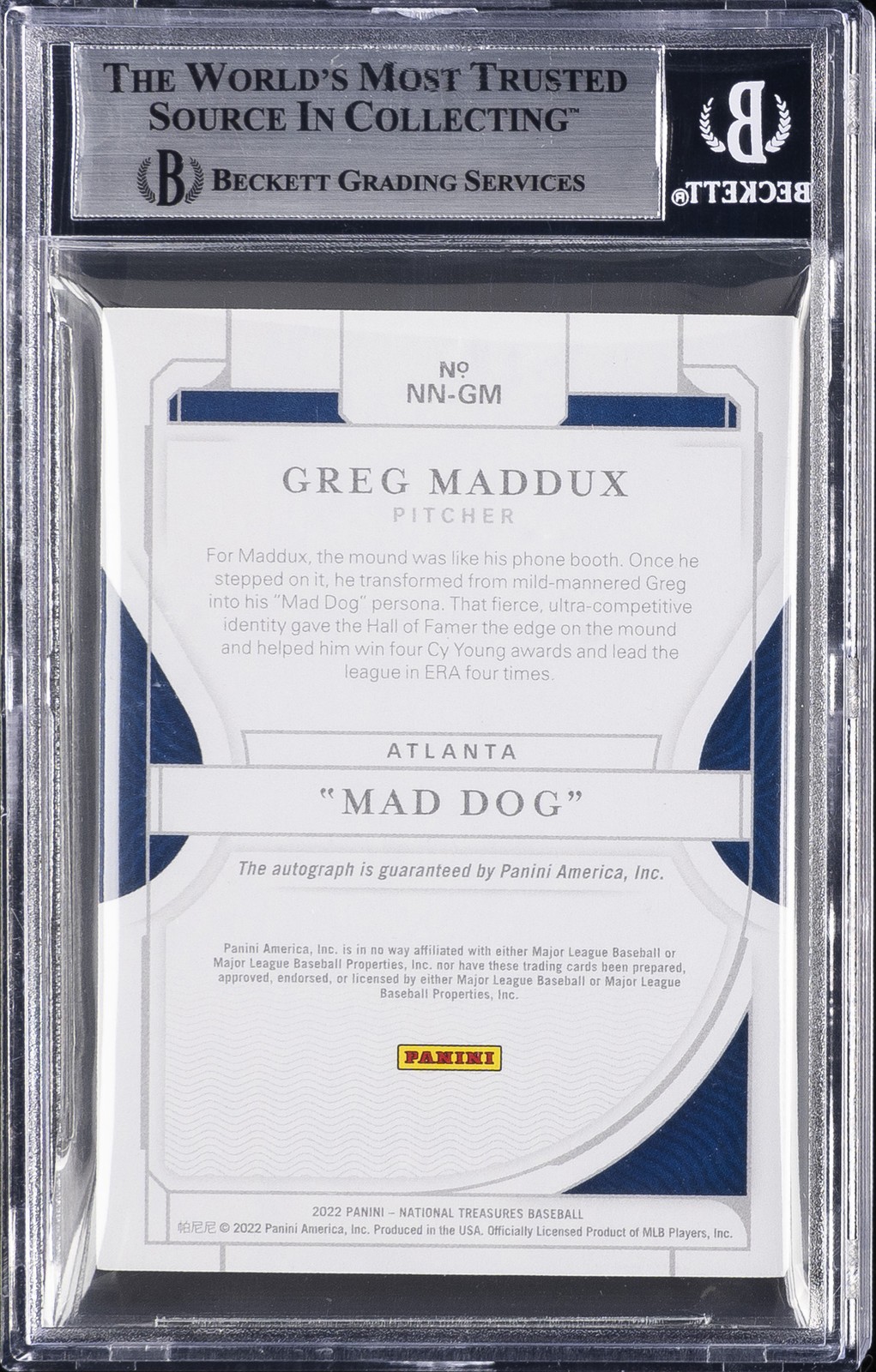 2022 NATIONAL TREASURES NOTABLE NICKNAMES #4 GREG MADDUX /25 BGS 8.5 AUTO view 2