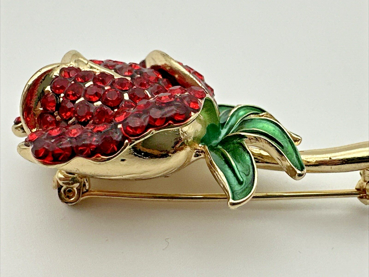 Vintage Monet Gold Tone Red Rose With Stem & Leafs Brooch