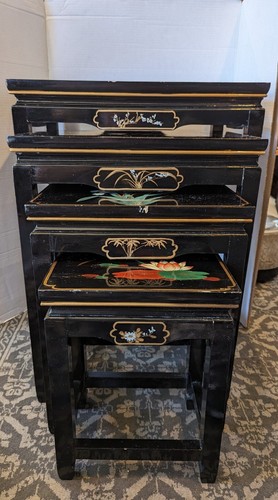 Vintage 4 Piece Nesting Tables Asian Style Flowers Intricate Designs READ