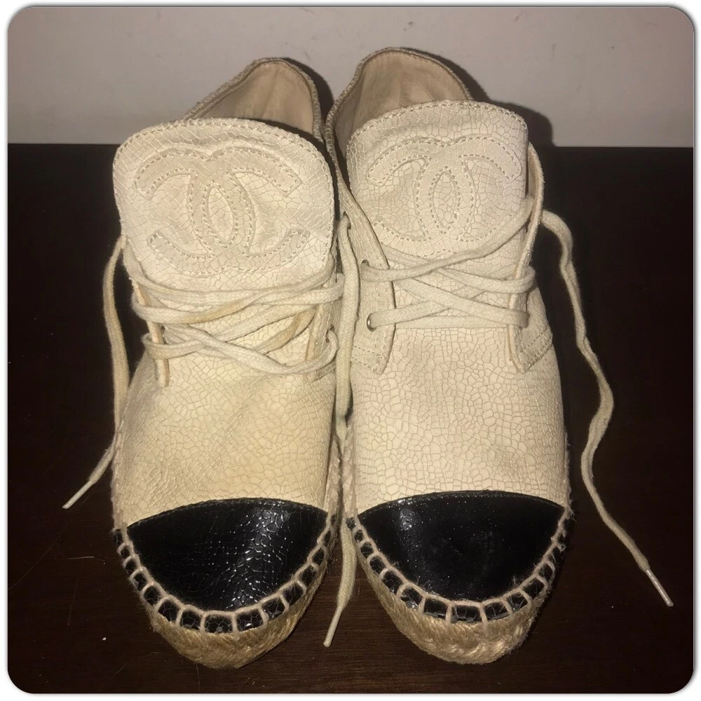 CHANEL 15C Crackle High Top Espadrilles Light Beige Black Size 36