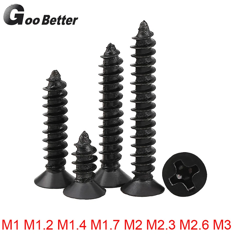 M1 M1.2 M1.4 M1.7 M2 M2.3 M2.6 M3 Black Phillips Countersunk Self Tapping Screws