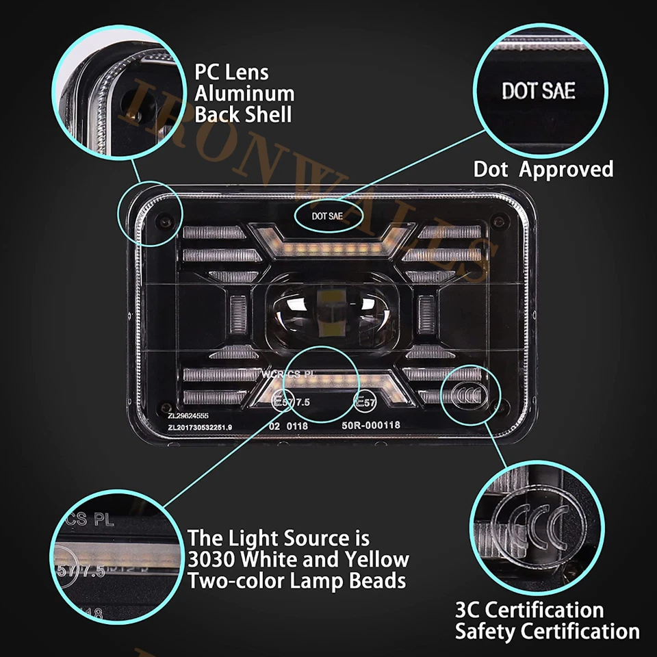 4pcs 4x6"inch LED Headlights Hi/Lo Blue DRL For Chevrolet El Camino SS 1976-1987 - Image 3 of 4