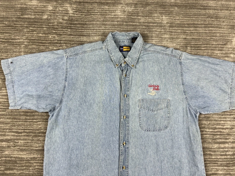 Vtg Blue Generation Shirt Mens XL Blue Denim Cotton Embroidered Logo Living Free - Image 2 of 4